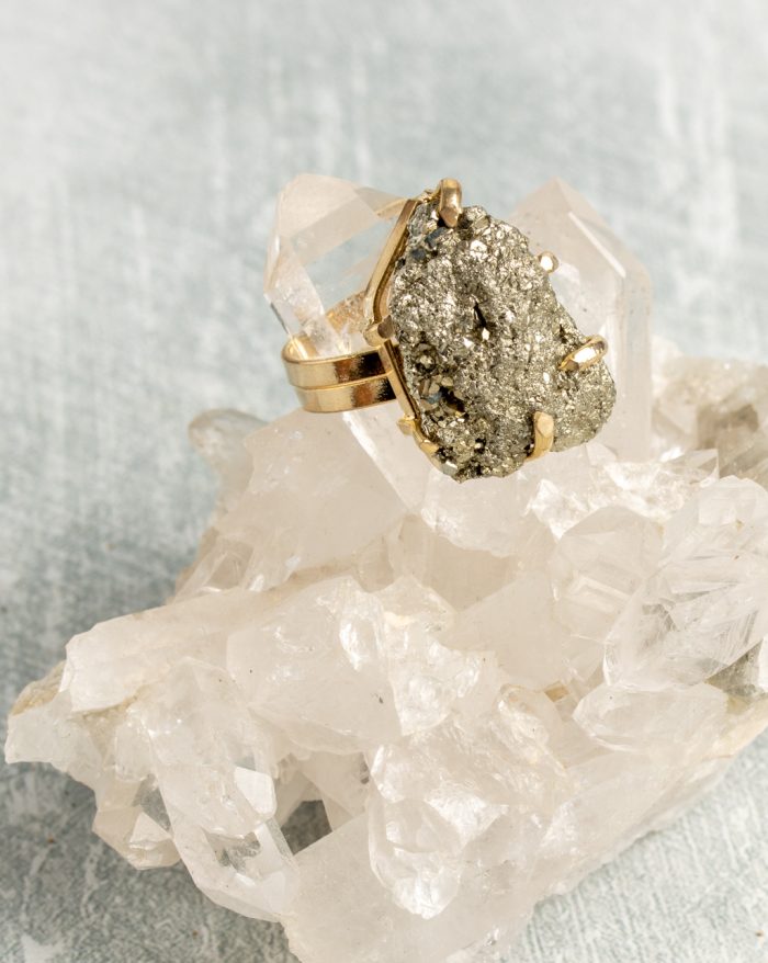 18K gold-plated adjustable ring by Elements by Nature, featuring a unique natural raw crystal gemstone centerpiece.