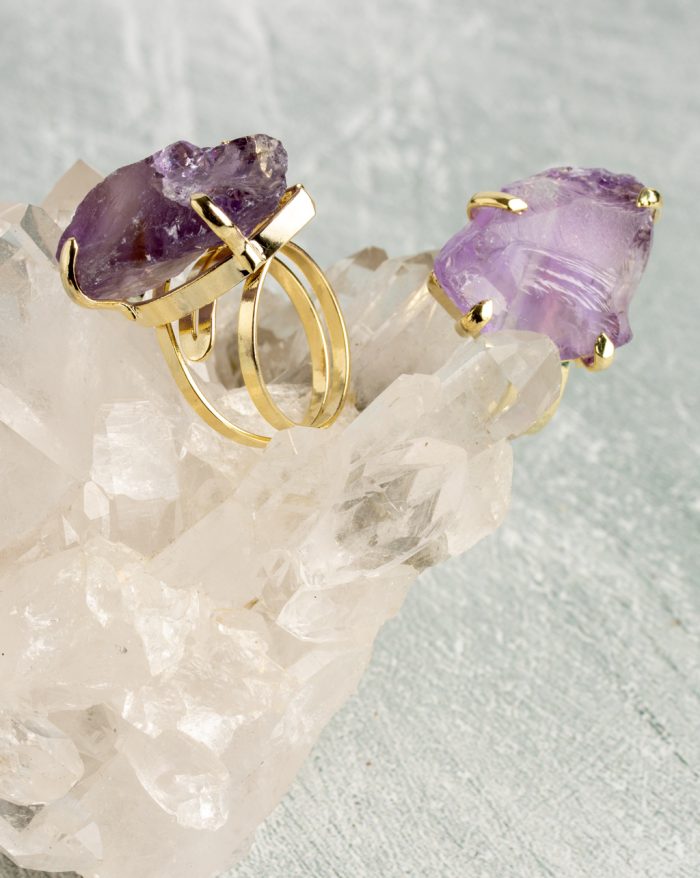 18K gold-plated adjustable ring by Elements by Nature, featuring a unique natural raw crystal gemstone centerpiece.