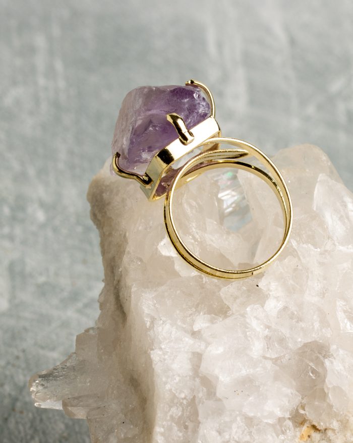 18K gold-plated adjustable ring by Elements by Nature, featuring a unique natural raw crystal gemstone centerpiece.