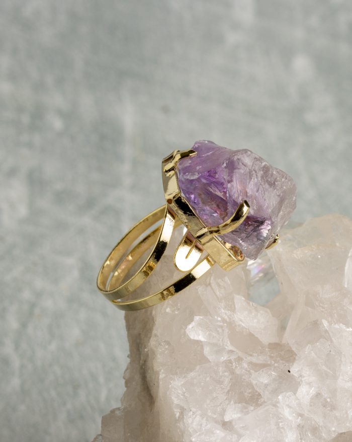 18K gold-plated adjustable ring by Elements by Nature, featuring a unique natural raw crystal gemstone centerpiece.