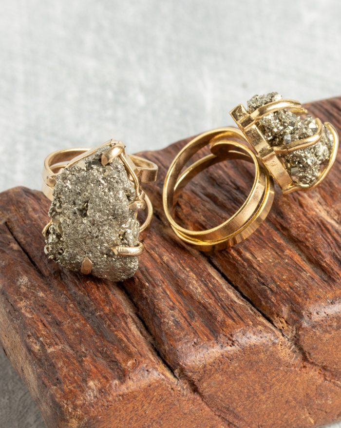 18K gold-plated adjustable ring by Elements by Nature, featuring a unique natural raw crystal gemstone centerpiece.