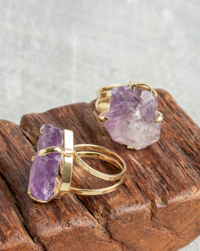 18K gold-plated adjustable ring by Elements by Nature, featuring a unique natural raw crystal gemstone centerpiece.