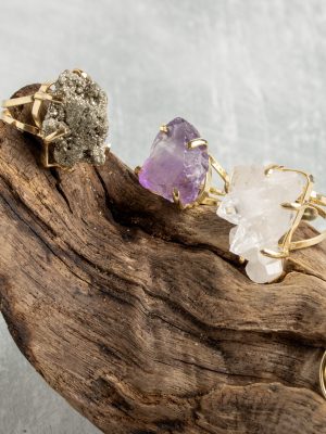 18K gold-plated adjustable ring by Elements by Nature, featuring a unique natural raw crystal gemstone centerpiece.