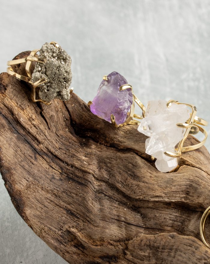 18K gold-plated adjustable ring by Elements by Nature, featuring a unique natural raw crystal gemstone centerpiece.