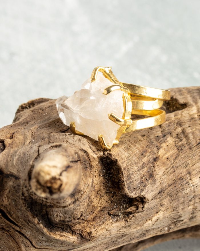 18K gold-plated adjustable ring by Elements by Nature, featuring a unique natural raw crystal gemstone centerpiece.