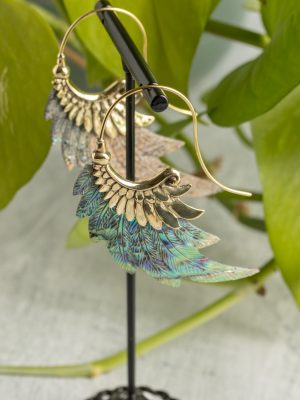 Hand-carved gold-plated feather earrings from the Bali collection with abalone shell accents, handmade with native craftsmanship.