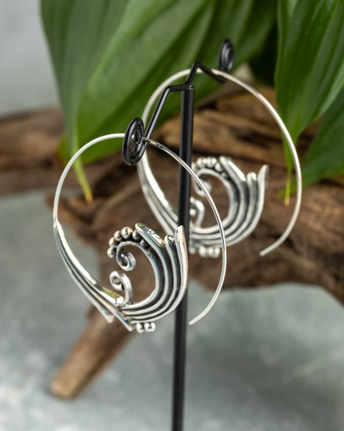 Handmade silver Bali hoop earrings with a bold round boho design, crafted by artisans.