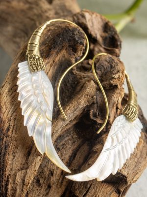 Hand-carved gold-plated feather earrings from the Bali collection, featuring mother-of-pearl accents, a statement piece.