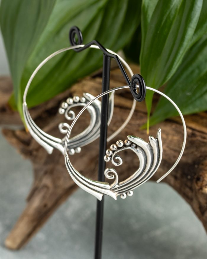 Handmade silver Bali hoop earrings with a bold round boho design, crafted by artisans.