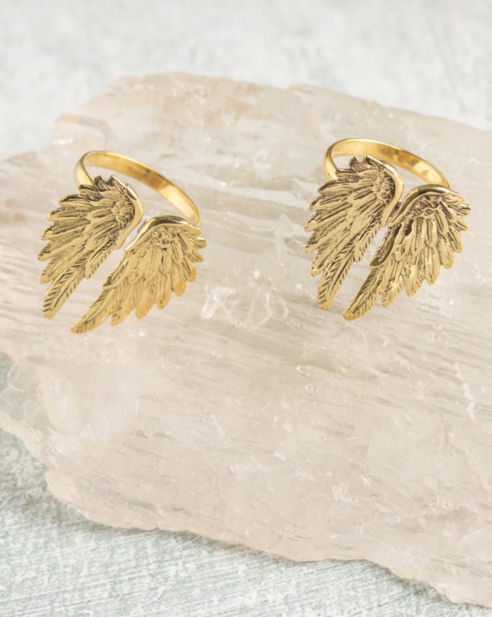 Adjustable silver and gold-plated feather ring, hand-carved with a symbolic feather design.