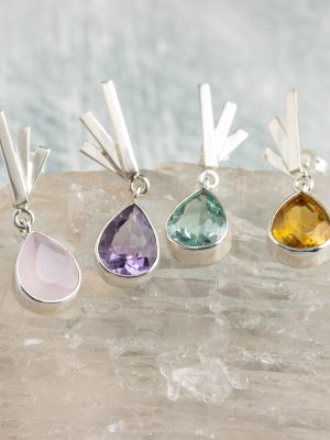 Handmade silver drop-shaped gemstone earrings crafted by artisans in Brazil, featuring fine jewellery design.