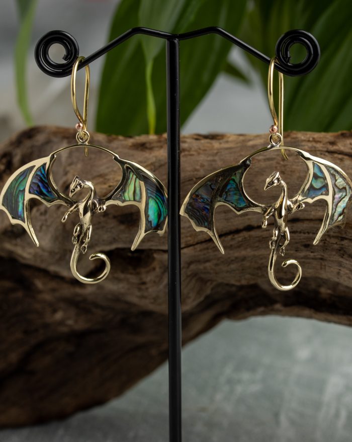 Handmade dragon earrings in silver or gold-plated finish, featuring shell-crafted details in the wings