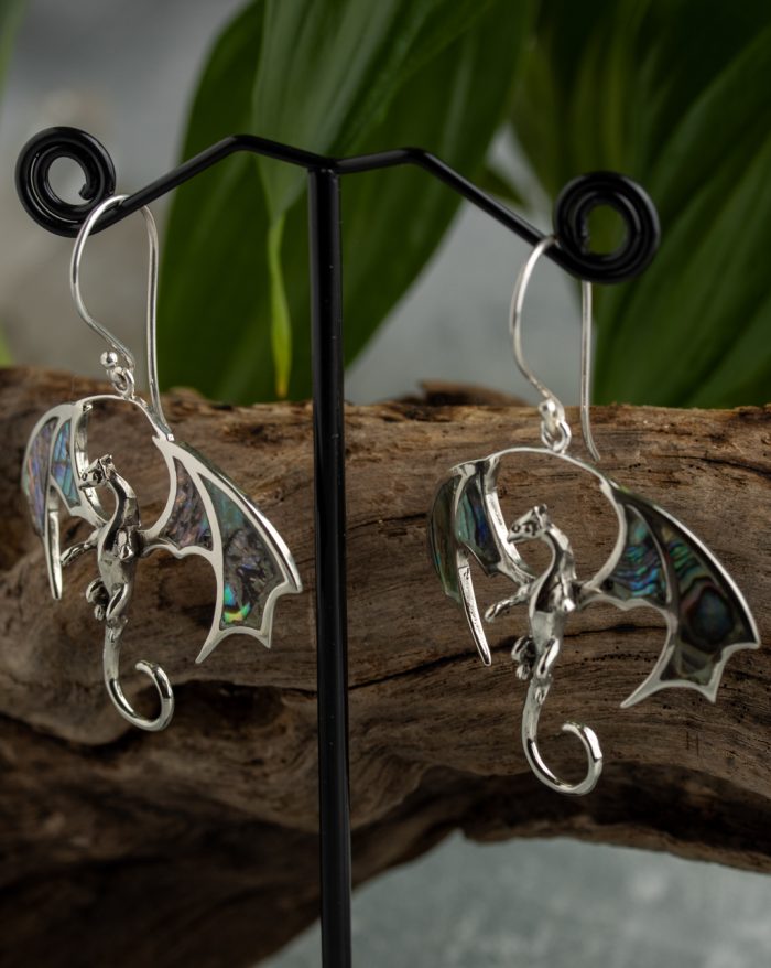 Handmade dragon earrings in silver or gold-plated finish, featuring shell-crafted details in the wings