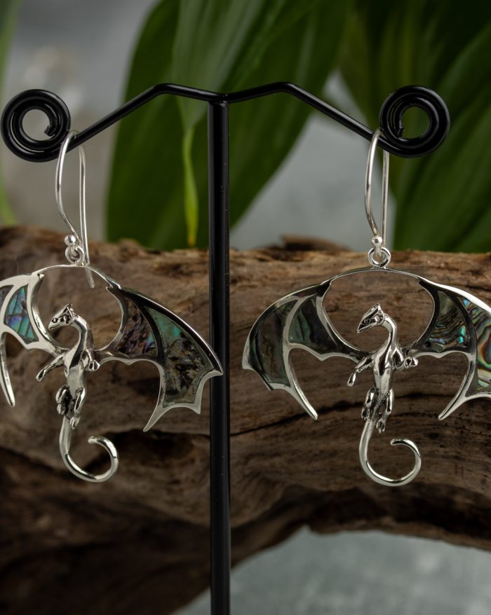 Handmade dragon earrings in silver or gold-plated finish, featuring shell-crafted details in the wings