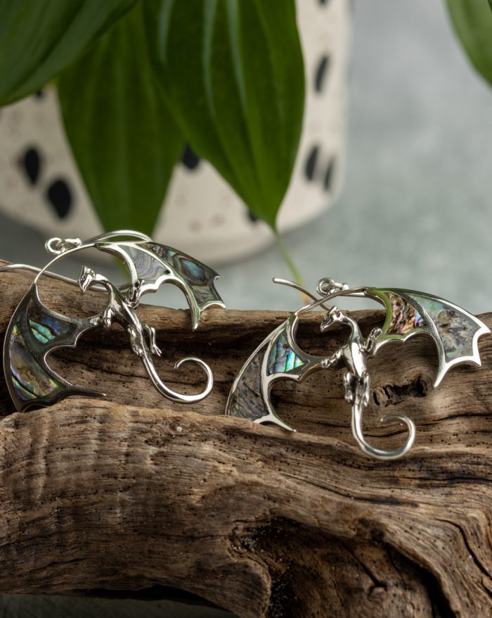 Handmade dragon earrings in silver or gold-plated finish, featuring shell-crafted details in the wings