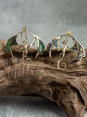 Handmade dragon earrings in silver or gold-plated finish, featuring shell-crafted details in the wings