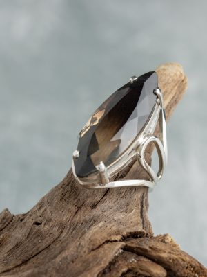 Handmade smoke quartz ring from the Brasil Collection featuring a long oval-shaped smoke quartz gemstone, a unique artisan-crafted piece.