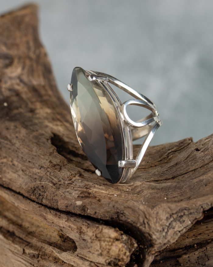 Handmade smoke quartz ring from the Brasil Collection featuring a long oval-shaped smoke quartz gemstone, a unique artisan-crafted piece.