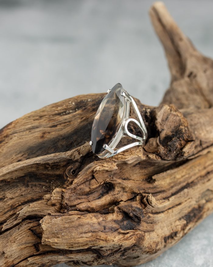 Handmade smoke quartz ring from the Brasil Collection featuring a long oval-shaped smoke quartz gemstone, a unique artisan-crafted piece.