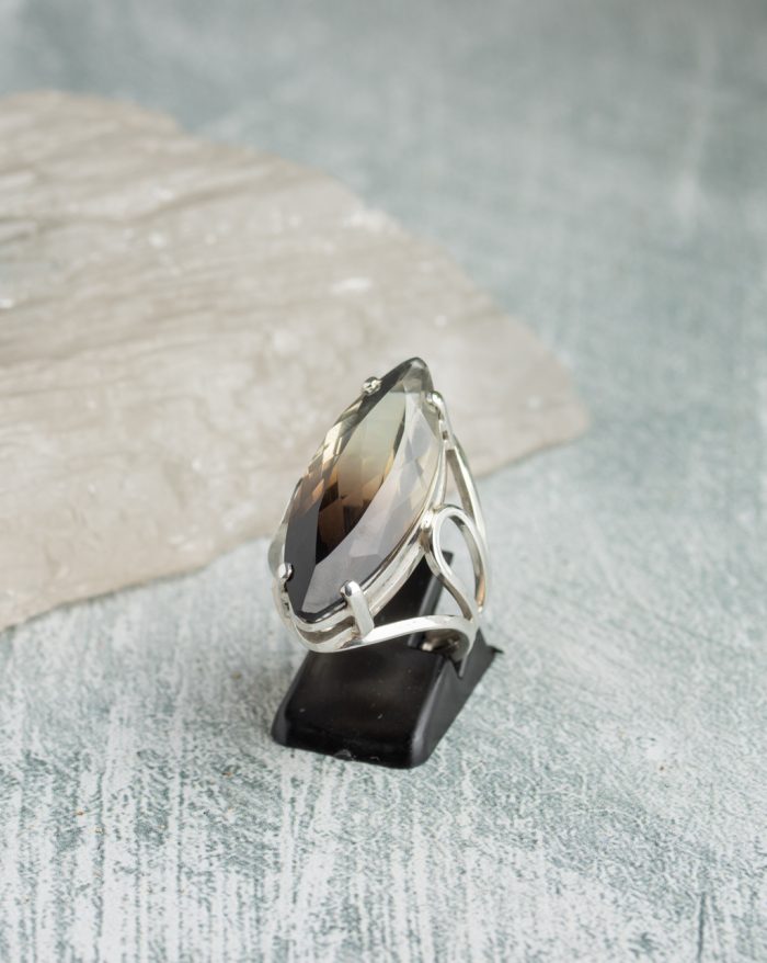 Handmade smoke quartz ring from the Brasil Collection featuring a long oval-shaped smoke quartz gemstone, a unique artisan-crafted piece.