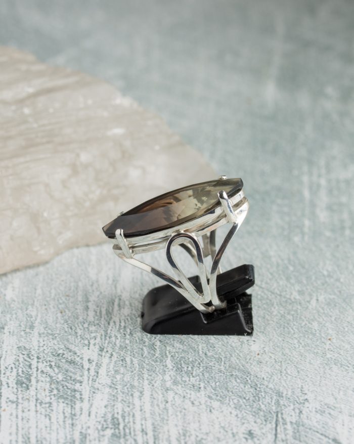 Handmade smoke quartz ring from the Brasil Collection featuring a long oval-shaped smoke quartz gemstone, a unique artisan-crafted piece.