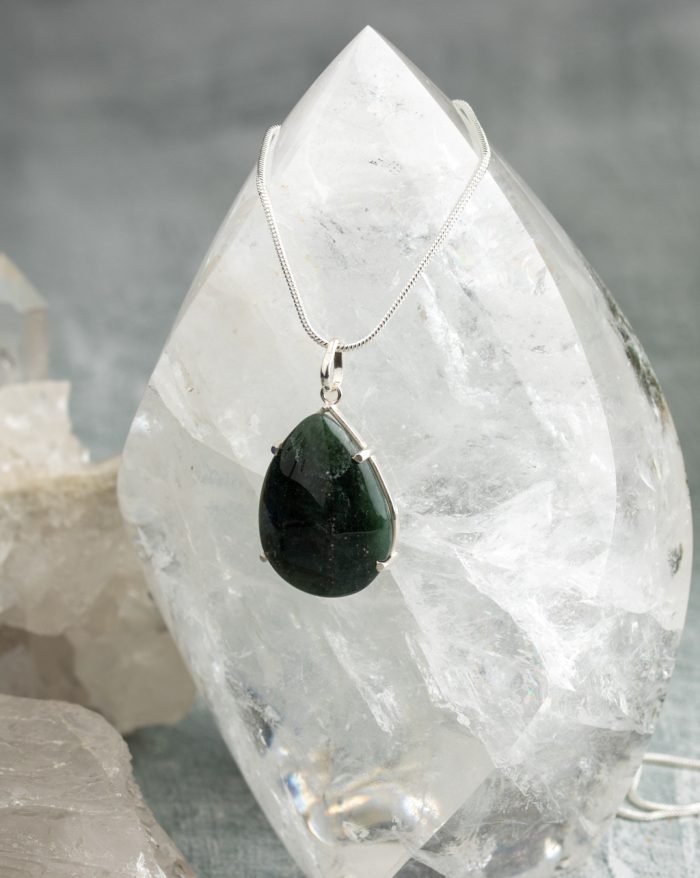 Handmade silver pendant with large teardrop-shaped gemstones, available in rose quartz, citrine, amethyst, obsidian, and aventurine variations.