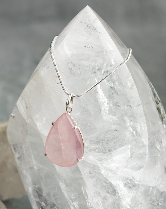 Handmade silver pendant with large teardrop-shaped gemstones, available in rose quartz, citrine, amethyst, obsidian, and aventurine variations.