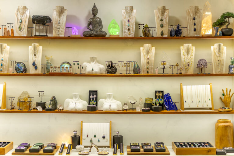 Shelves of crystals and handmade jewellery inside the Elements by Nature shop in St Albans
