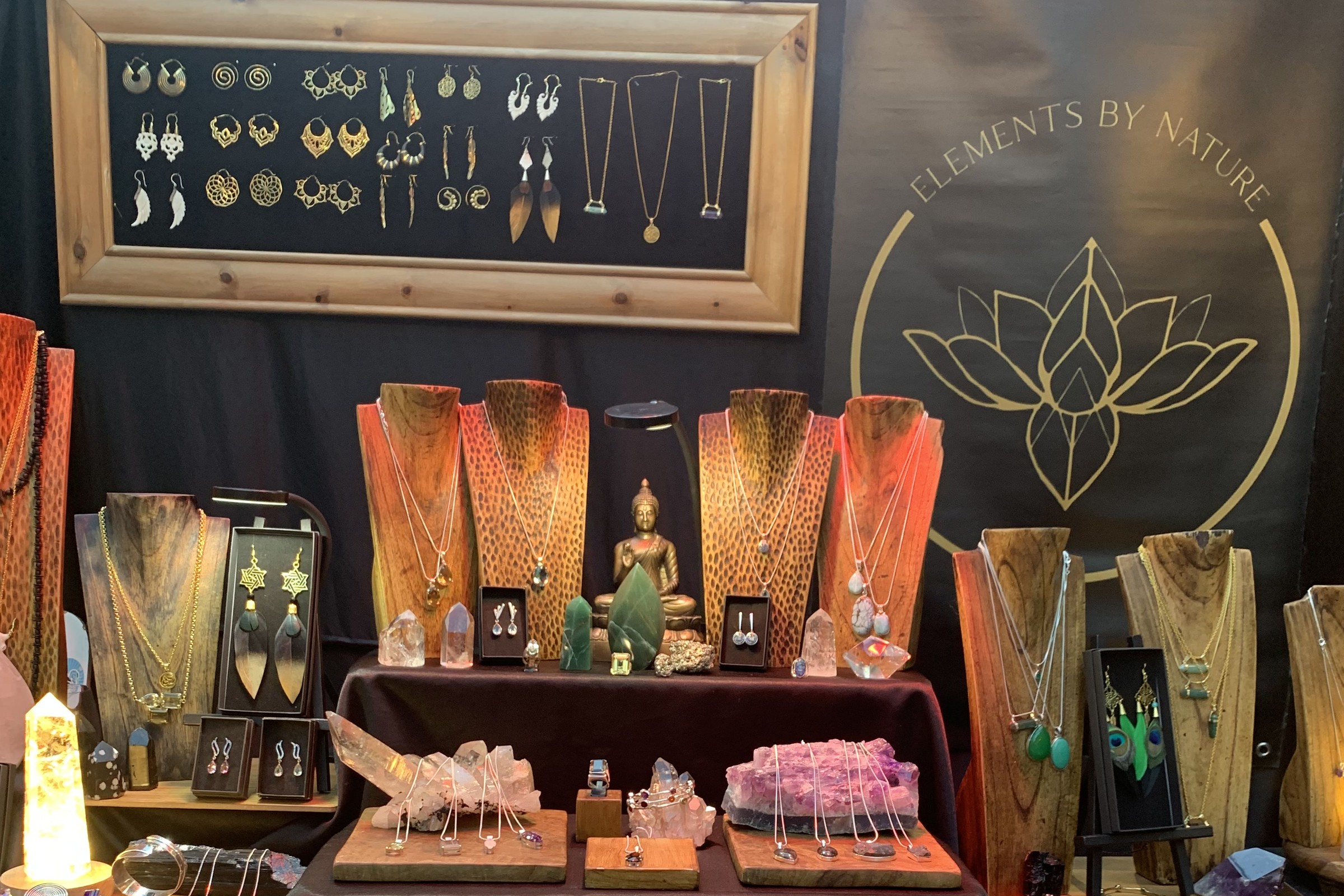 Close view of the Elements by Nature stall at Old Spitalfields Market with the lotus banner